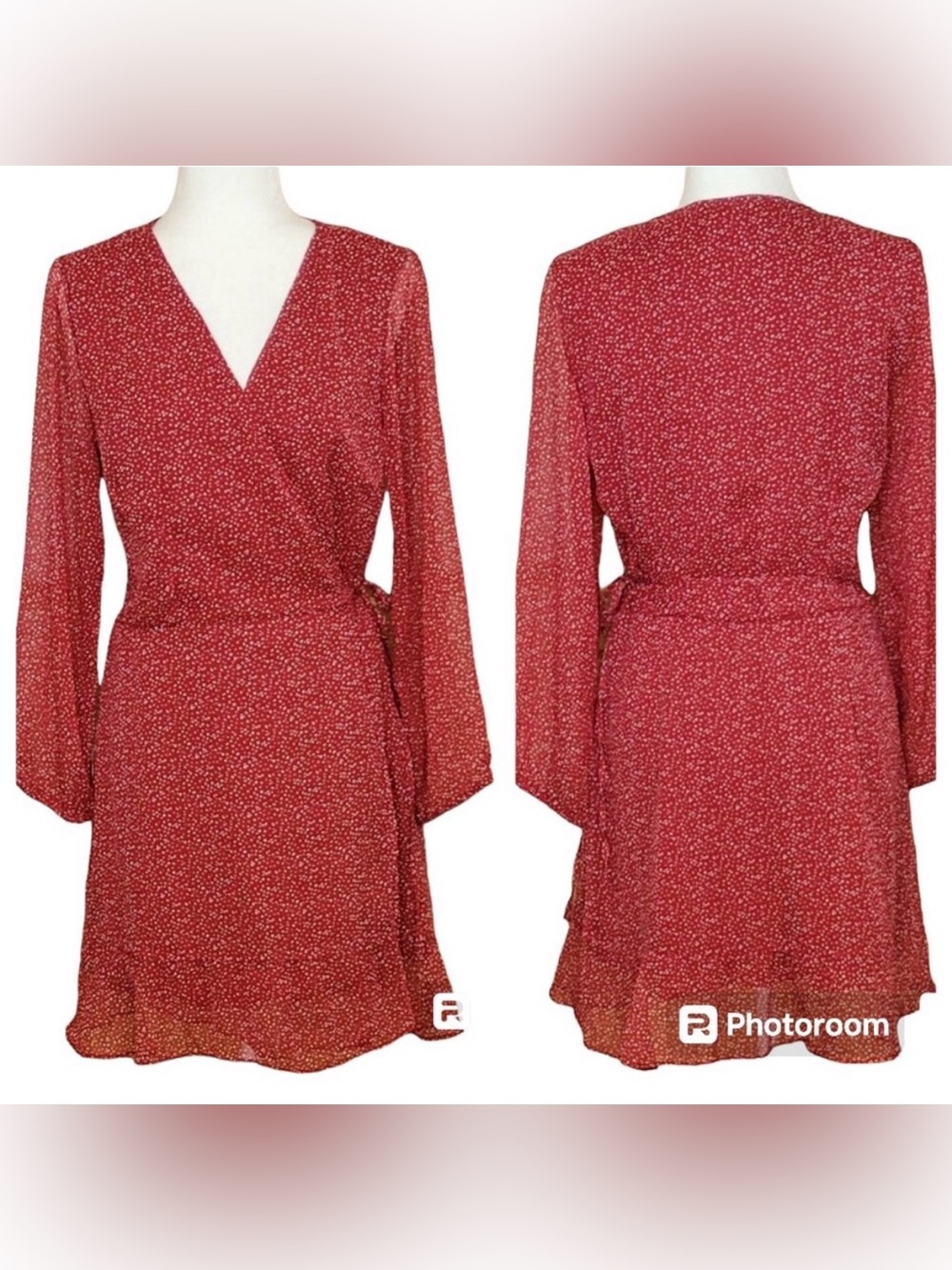 Abercrombie & Fitch Red White Dotted 
 Wrap Mini Dress Sheer Sleeves Large Tall